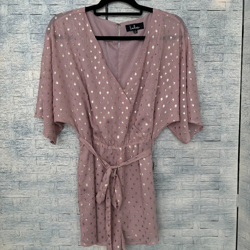 Lulus Womens S Pink Gold Metallic Polka Dot‎ Wrap Romper Kimono Sleeve Tie Waist - Picture 2 of 6
